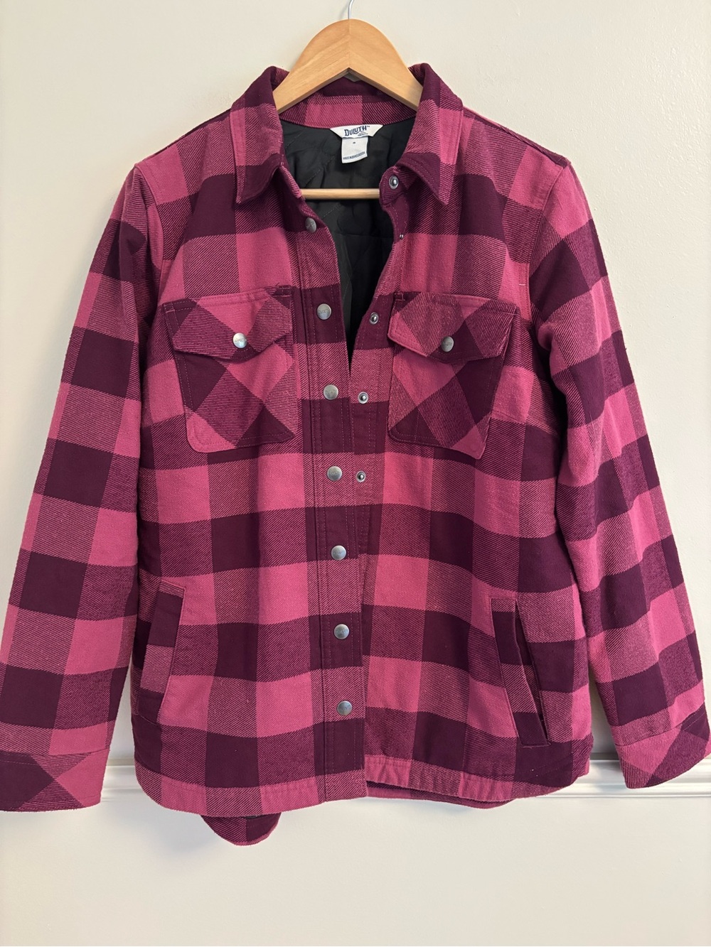 Duluth Trading Co Pink and Burgundy Plaid Quilted Utility Jacket